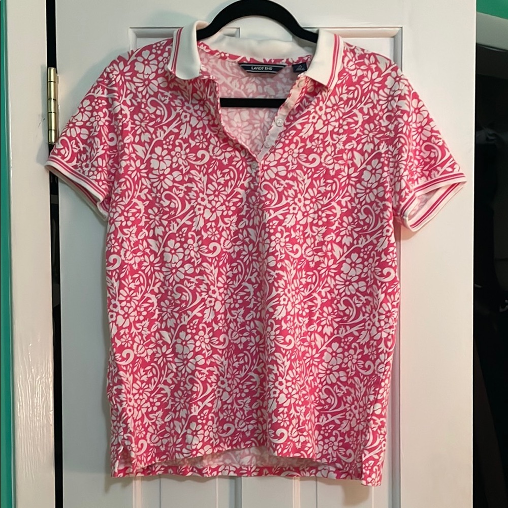 Lands' End Pink Red Fitted Polo Button Down Shirt